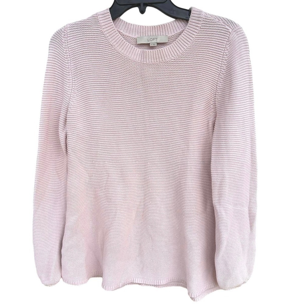 Loft Women’s Knit Sweater Soft Pink Medium 100% Cotton Crew Neck Bishop Sleeves